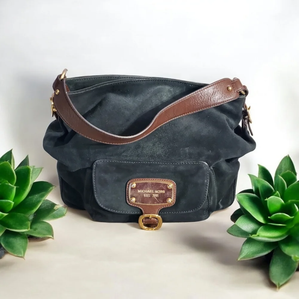 Michael Kors Dark‎ Green Black Suede And Leather Hobo Shoulder Bag